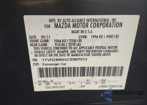 2012 Mazda Mazda6 I Sport z USA, uszkodzony, nr VIN 1YVHZ8BHXC5M07013